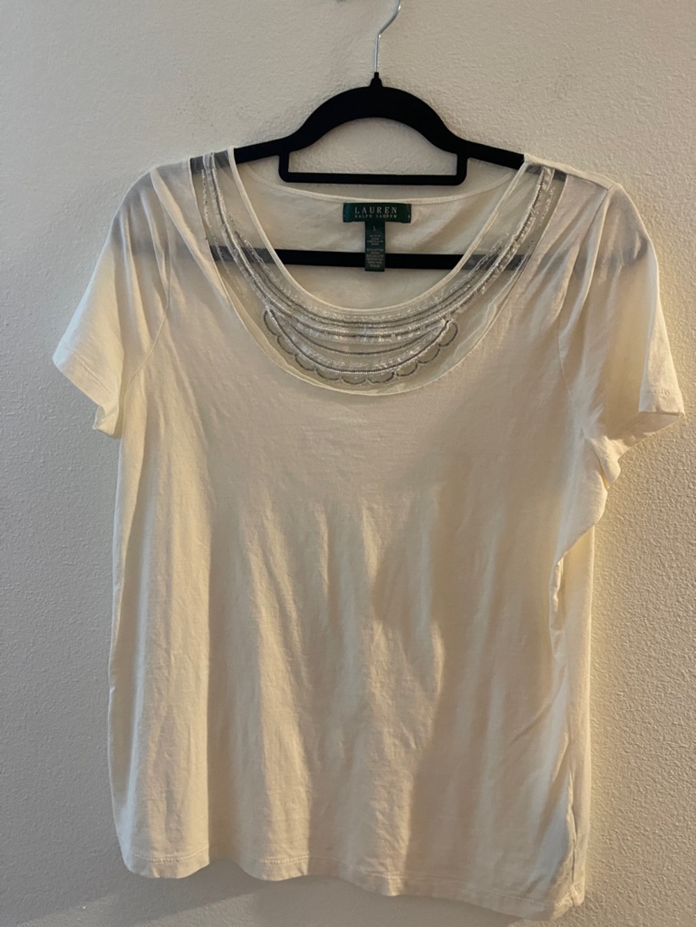 Lauren Ralph Lauren Cream Short-Sleeve Scoop Neck Top with Silver Embellishment